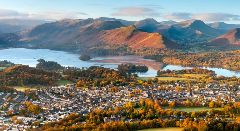 Aerial view of keswick town and surrounding mountains with Lake District National Park