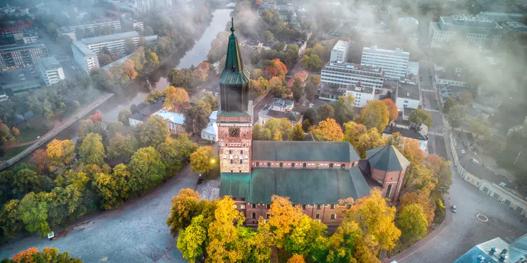Aerial view of Turku Cathedral in the autumn