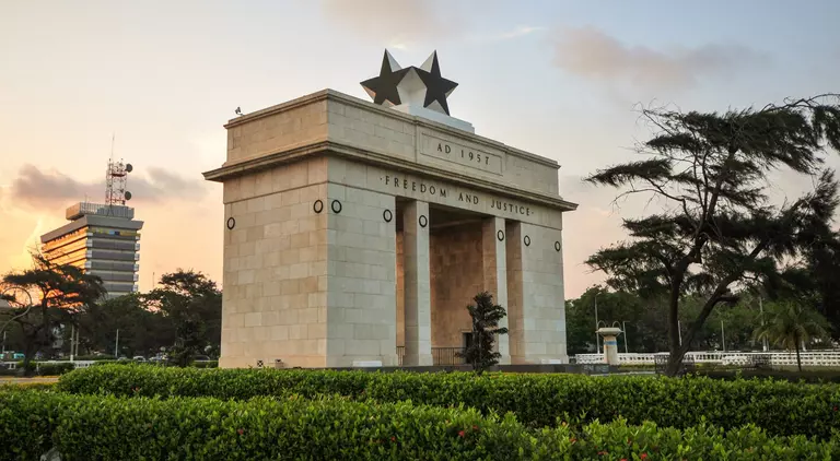 The Independence Square of Accra, Ghana, inscribed with the words "Freedom and Justice, AD 1957", commemorates the independence of Ghana, a first for Sub Saharan Africa.