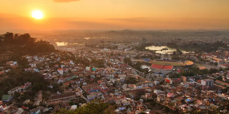 "Aerial cityscape of Antananarivo with a view of Tana stadium "