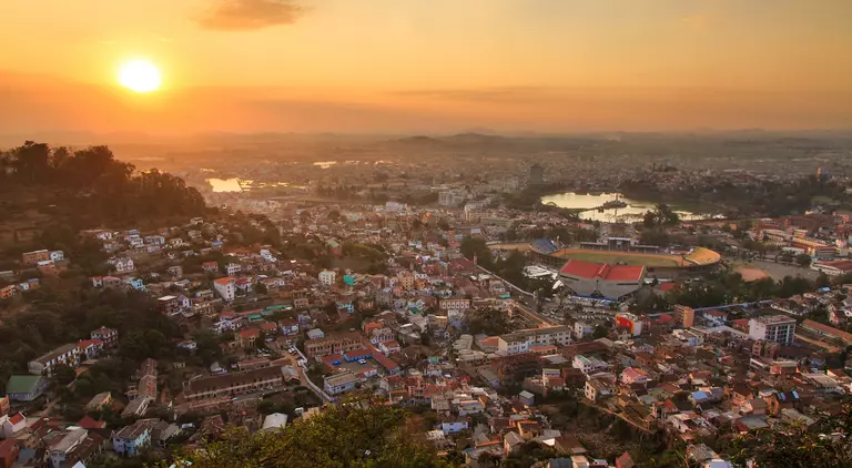 "Aerial cityscape of Antananarivo with a view of Tana stadium "