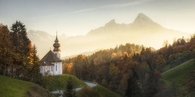 The church of Maria Gern nestled into a hillside in the Bavarian Alps and located just outside of Berchtesgaden.