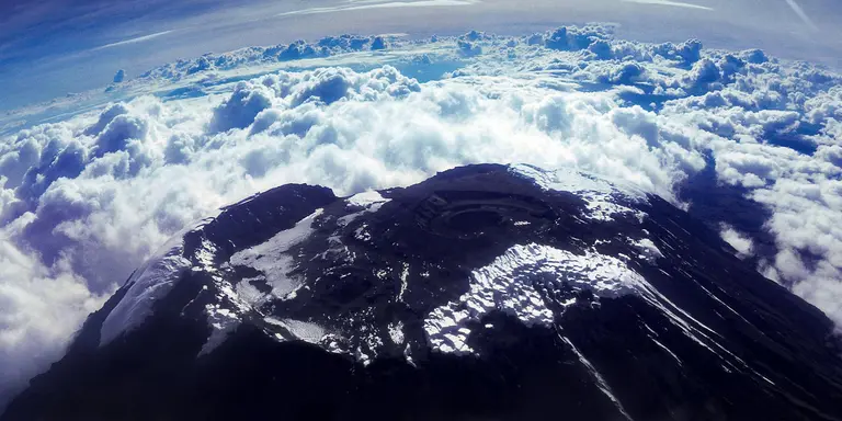 Aerial view of Kibo volcanic cone at the summit of Mount Kilimanjaro