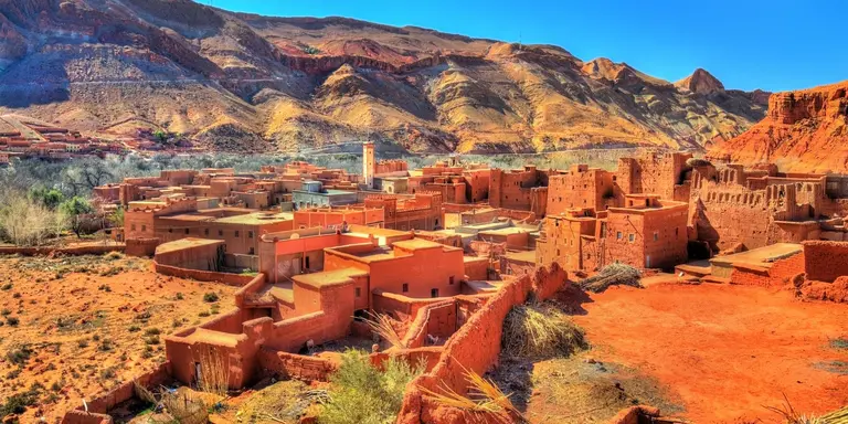 View of Bou Tharar village. Morocco, the Valley of Roses with the mountains in the background