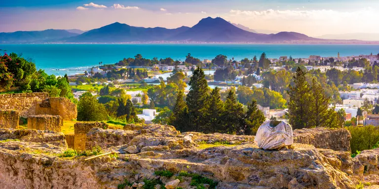 View from hill Byrsa with ancient remains of Carthage and landscape.