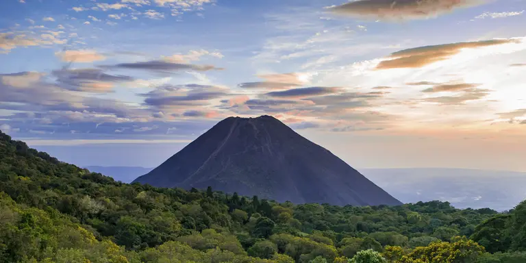 View of Izalco volcano with beautiful clouds around it in El Salvador