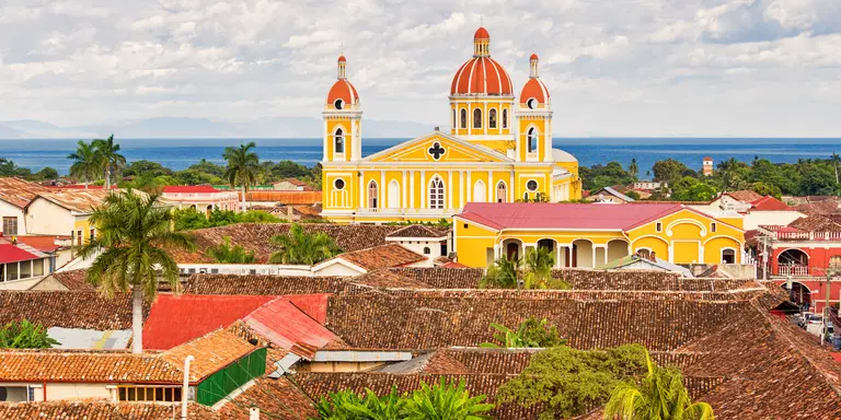 View of the city of Granada and the landmark Cathedral of Granada in Nicaragua with Lake Nicaragua in the background