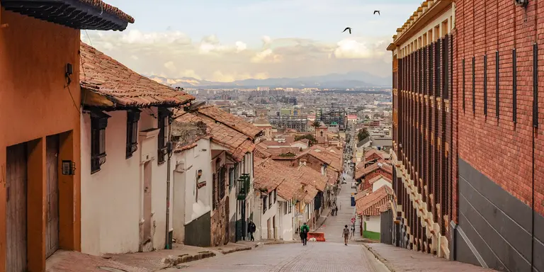 Steep street in the old town La Candelaria in Bogotá in Colombia