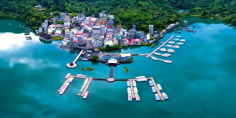 Aerial shot of wharf, pier and beautiful lake waters