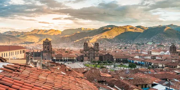 Panoramic view of Cusco and its colonial rooftops near the main square of Plaza de Armas near sunset in Peru