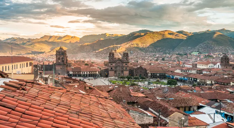 Panoramic view of Cusco and its colonial rooftops near the main square of Plaza de Armas near sunset in Peru