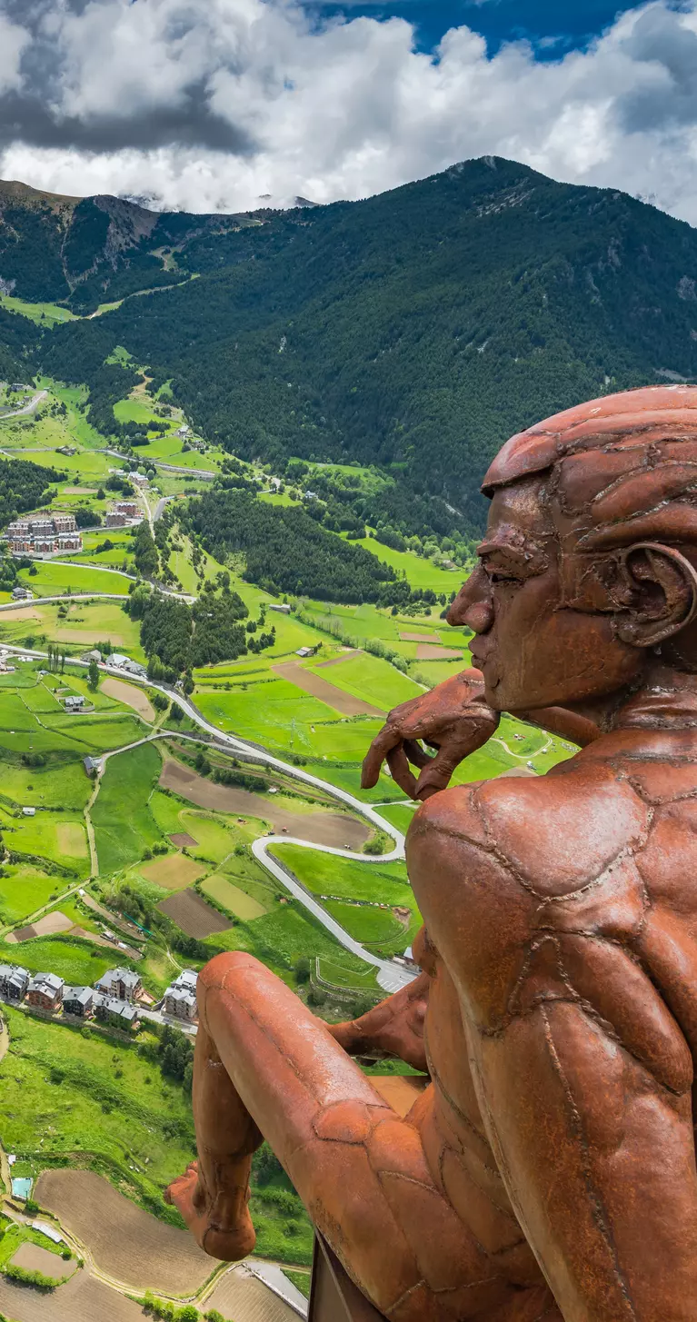 Aerial view of the observation deck and statue in Roc Del Quer, Andorra