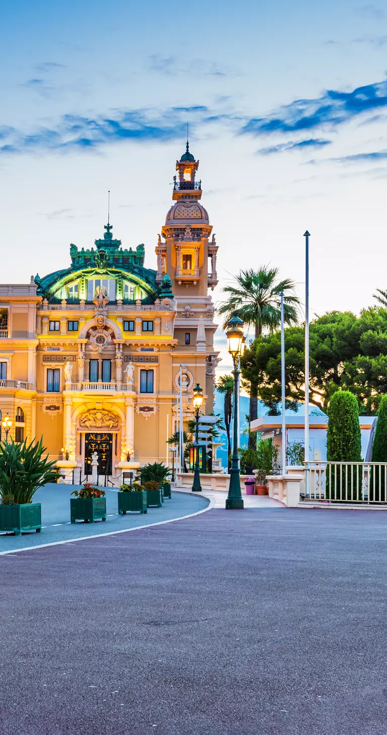 Street view at sunset in Monte Carlo, French Riviera
