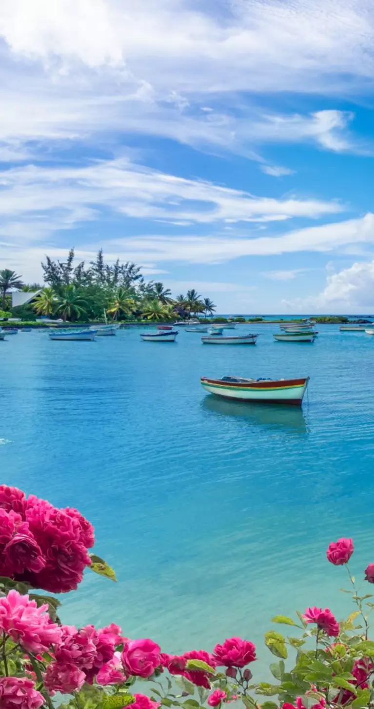 "Landscape view of the blue transparent sea, boats and beach in the summertime in Mauritius "