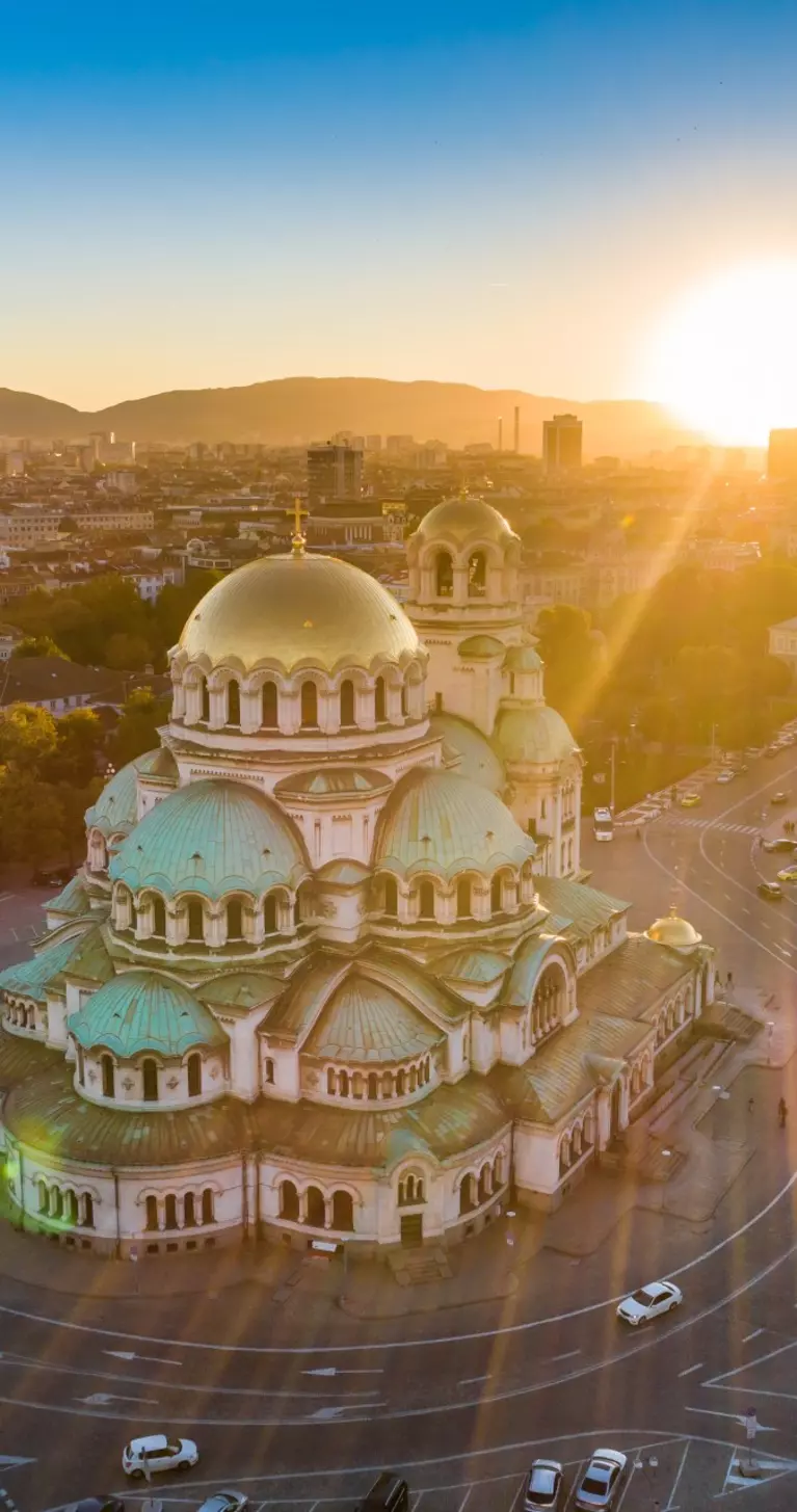 Aerial view of Alexander Nevski cathedral in Sofia, Bulgaria at sunset