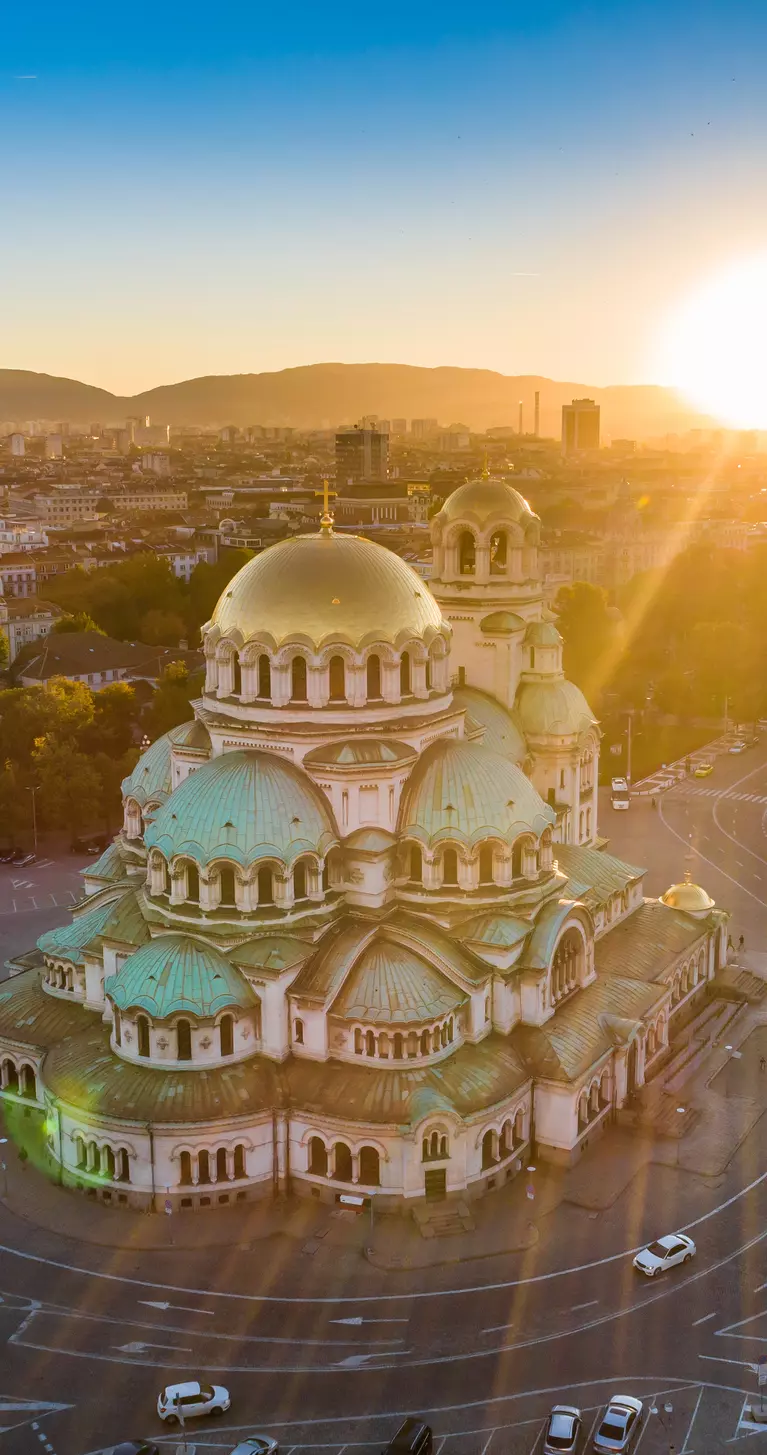 Aerial view of Alexander Nevski cathedral in Sofia, Bulgaria at sunset