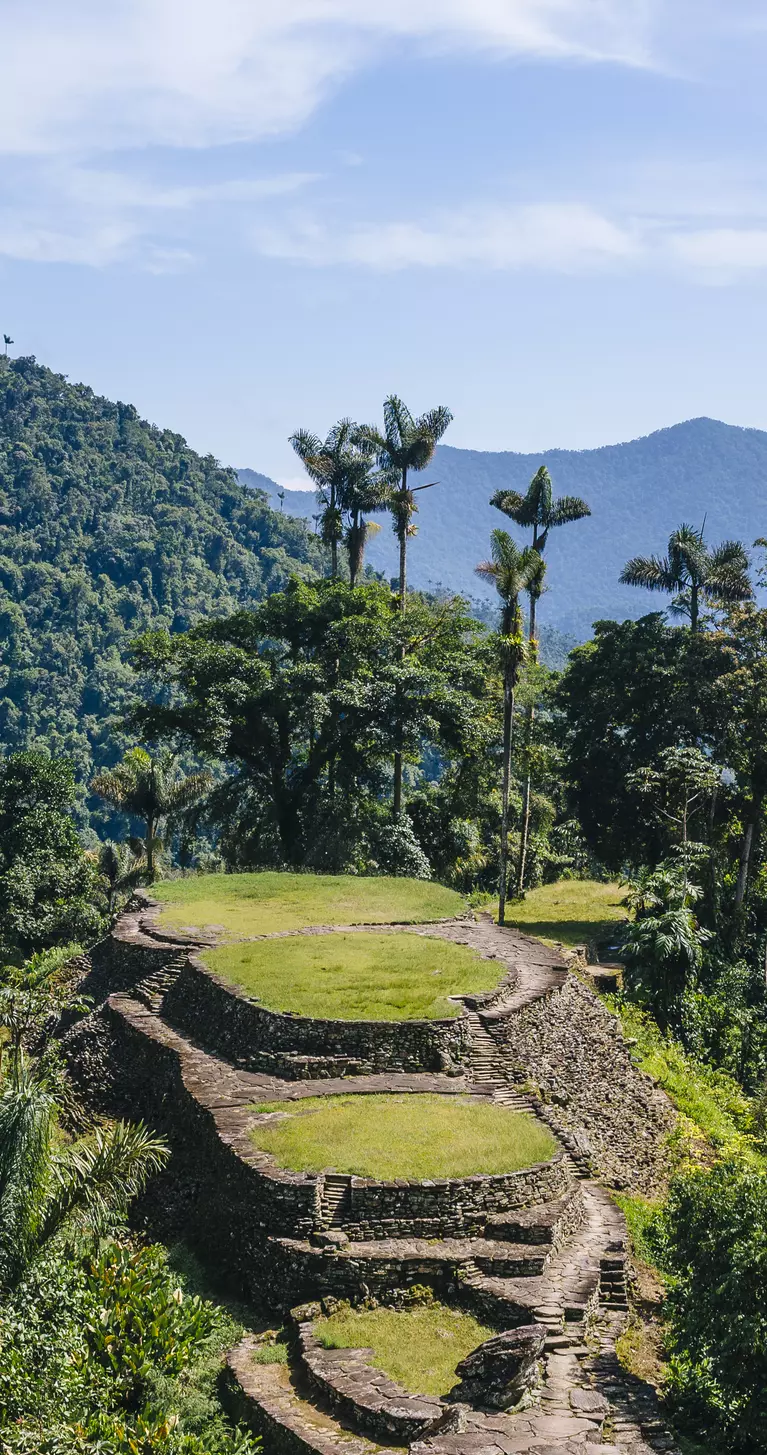 Panoramic view on the terraces of the Lost City (Ciudad Perdida) in the Sierra Nevada de Sante Marta- Santa Marta, Magdalena, Colombia