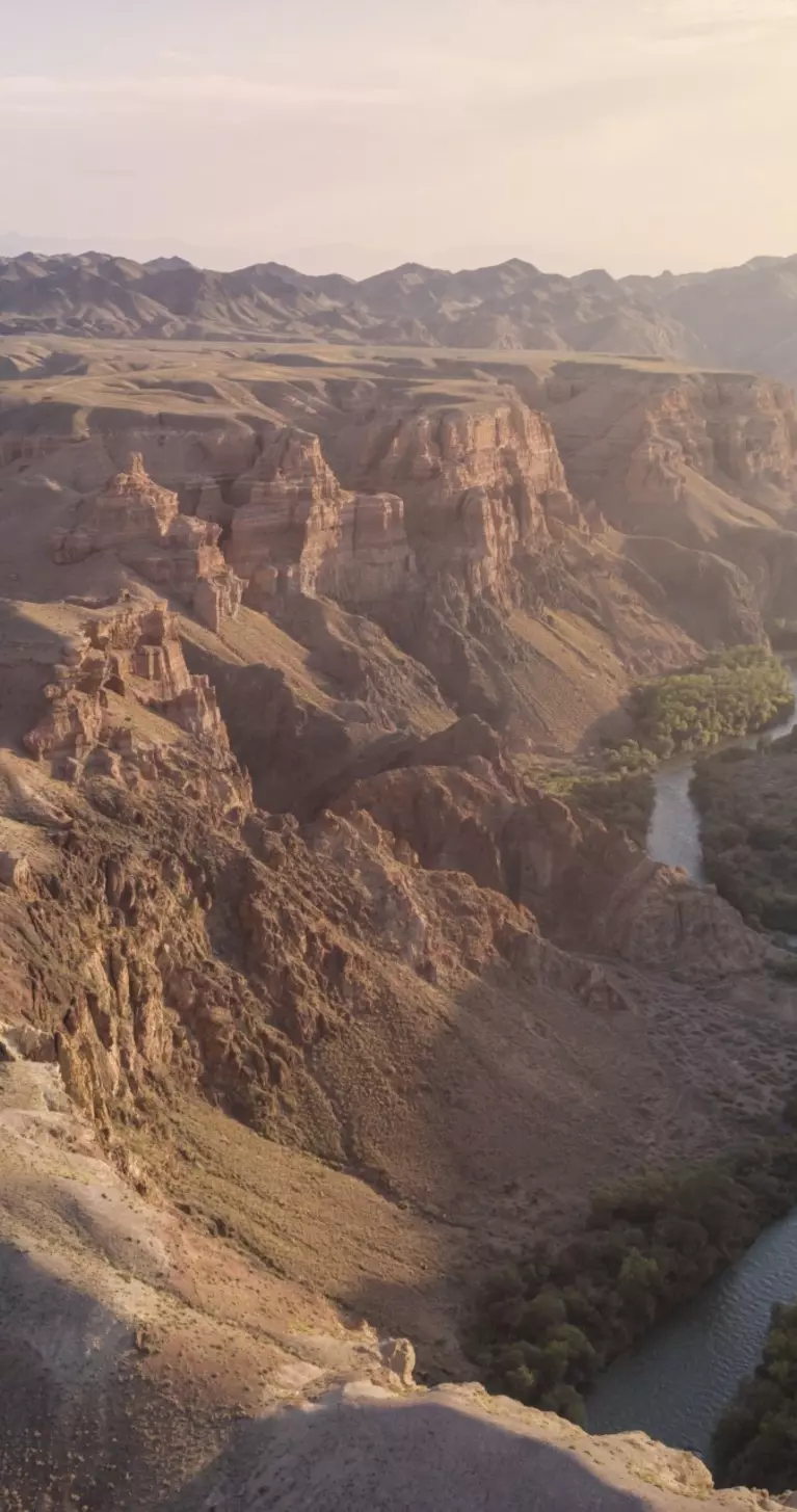 Aerial view of the Charyn Canyon and Charyn River in Kazakhstan, Central Asia, at sunset