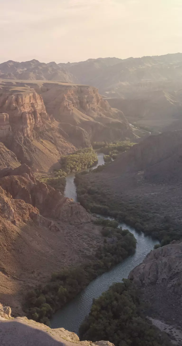 Aerial view of the Charyn Canyon and Charyn River in Kazakhstan, Central Asia, at sunset