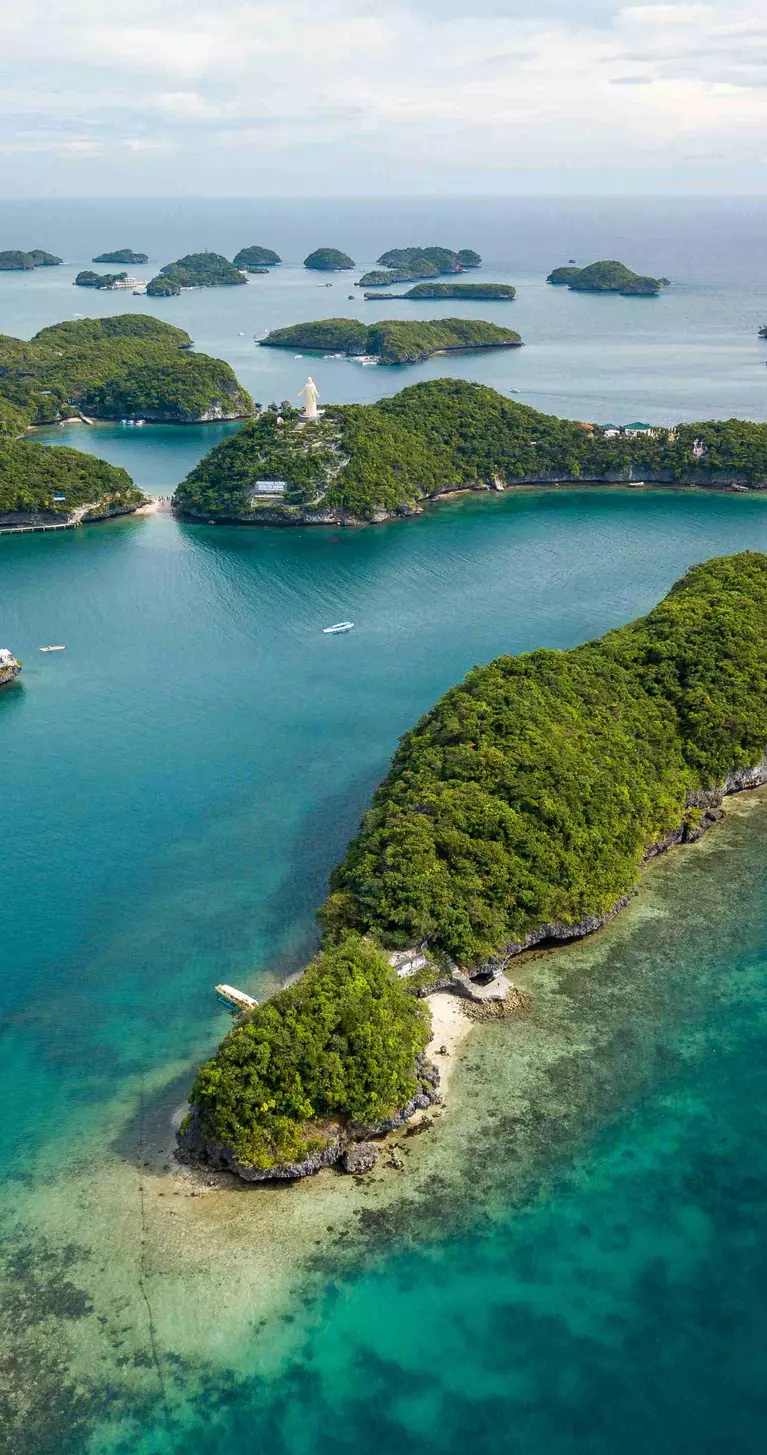 Scenic aerial of the Hundred Islands National Park in Pangasinan, Philippines