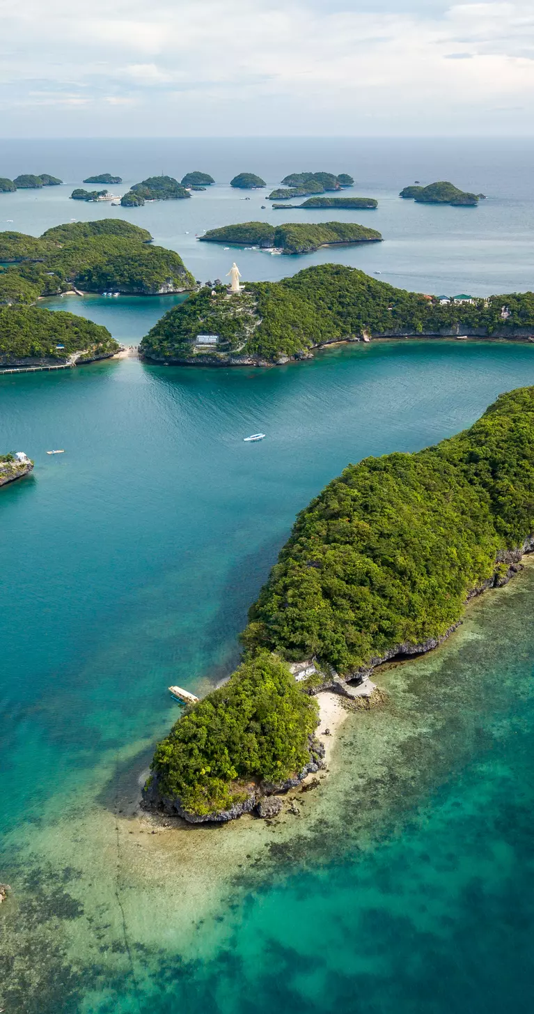 Scenic aerial  of the Hundred Islands National Park in Pangasinan, Philippines