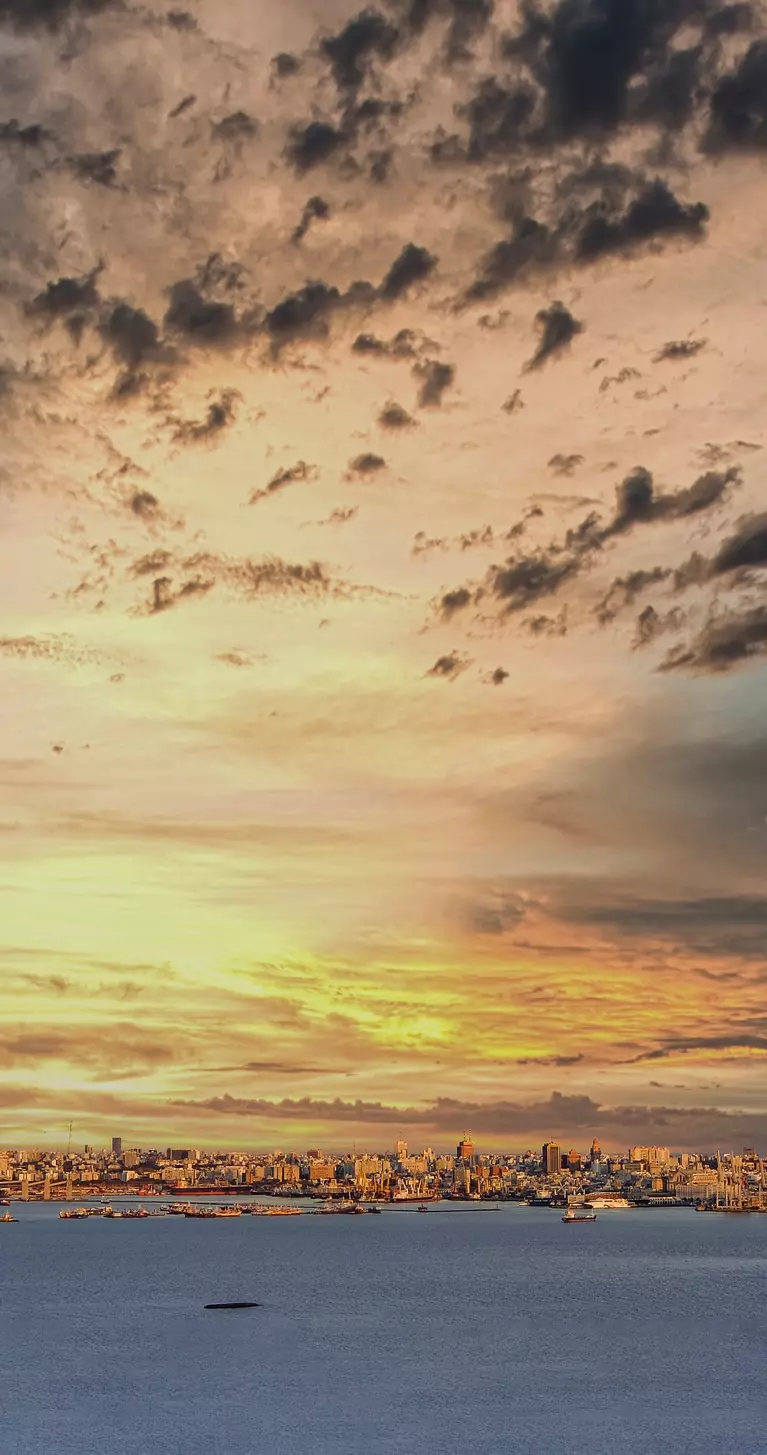Panoramic view of Montevideo from Fortaleza General Artigas with a beautiful sunset sky