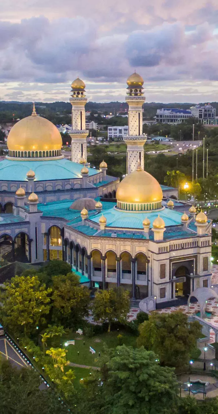 Aerial view of Jame' Asr Hassanil Bolkiah Mosque with 29 golden domes to honor the 29th Sultan of Brunei