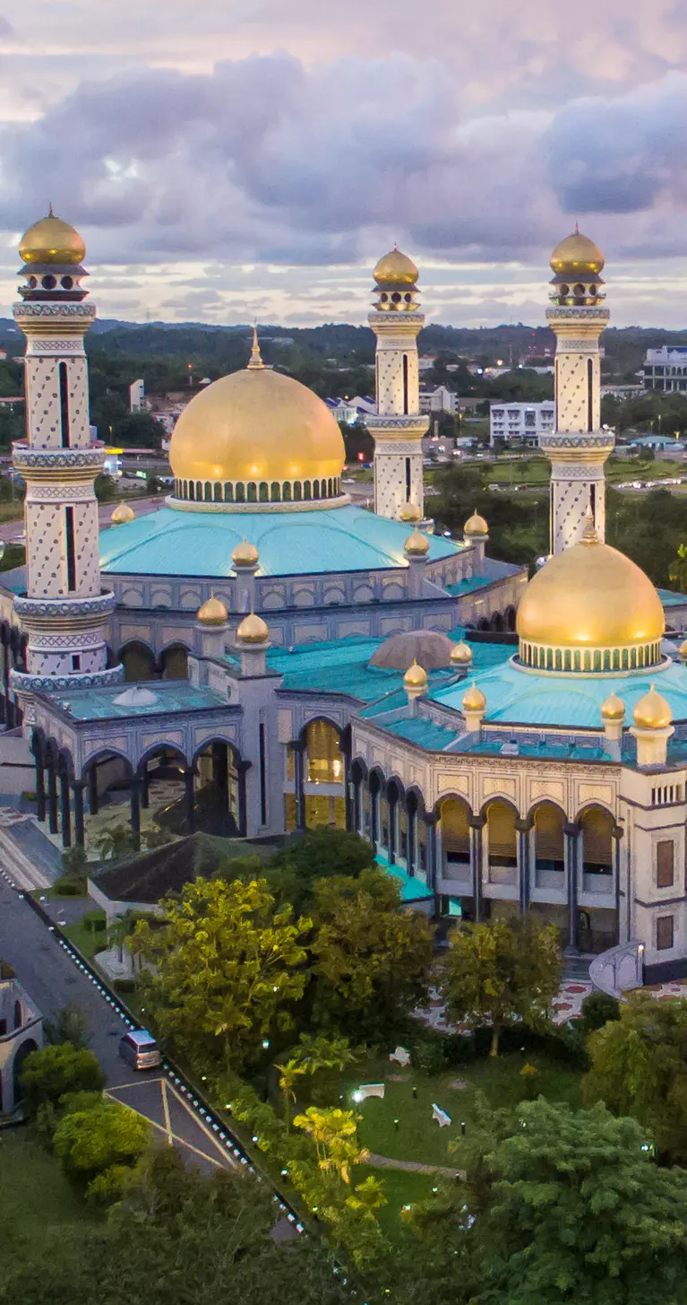 Aerial view of Jame' Asr Hassanil Bolkiah Mosque with 29 golden domes to honor the 29th Sultan of Brunei