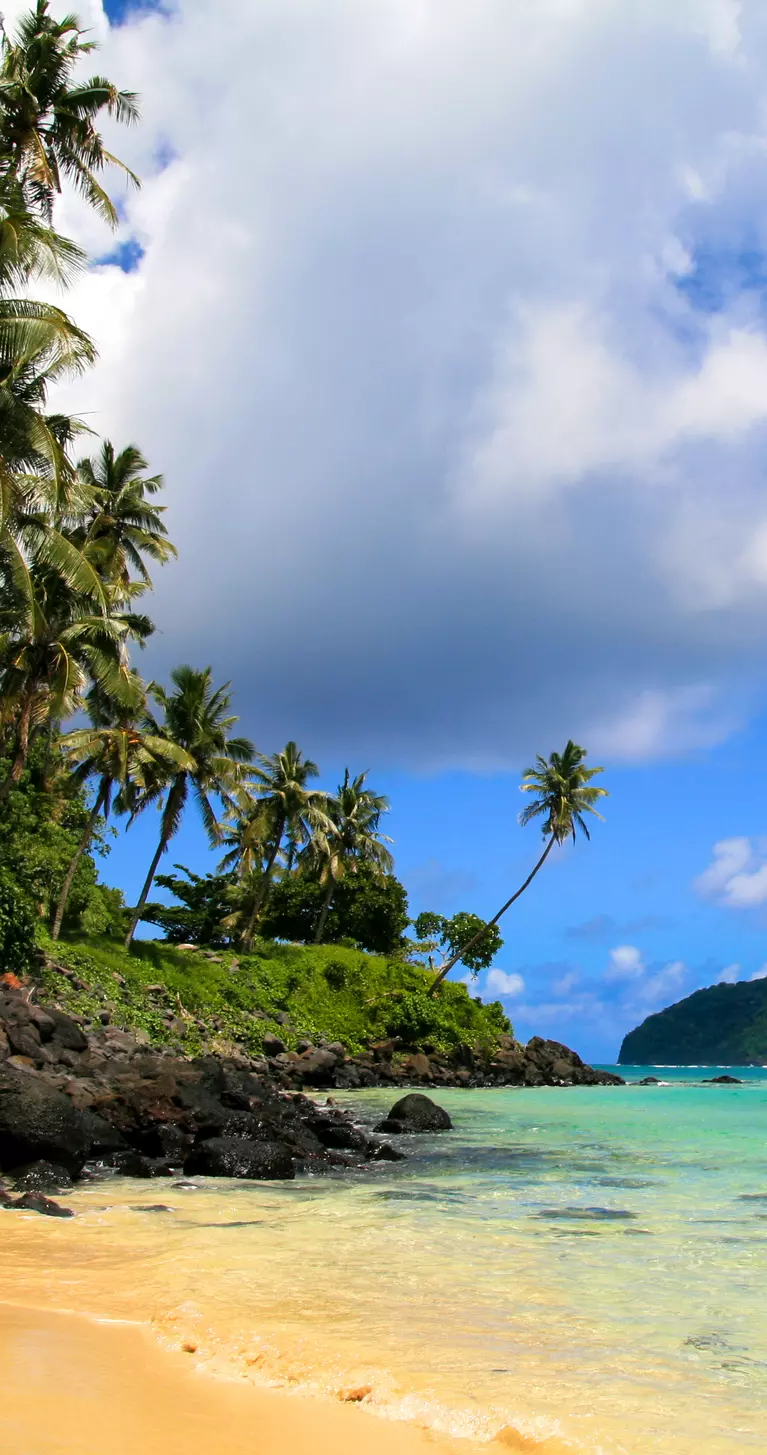 Tropical seascpape, golden sandy beach with palm trees and pristine blue waters of Pacific Ocean, view from Upolu to Nu'utele Island