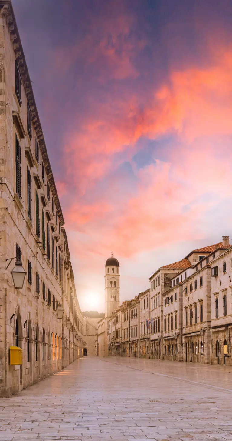 Main street in the old town of Dubrovnik city in Croatia at sunset