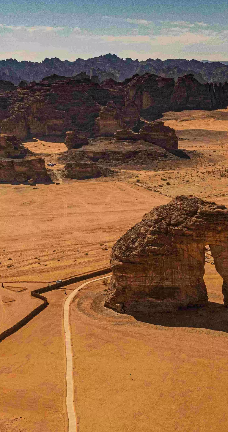 Aerial view of Elephant Rock (Jabal AlFil). From afar, this rock looks like an elephant with a ground-bound trunk.