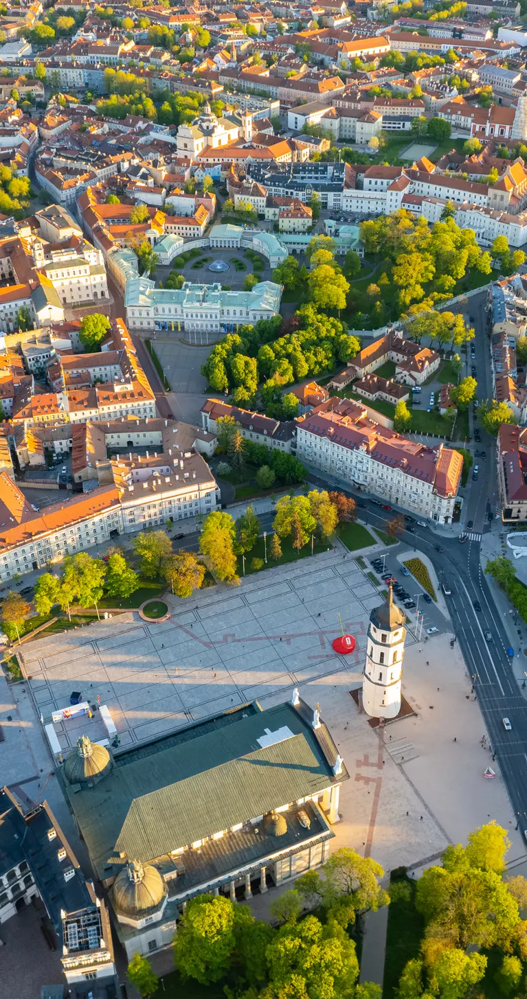 Aerial spring evening view in sunny Vilnius old town