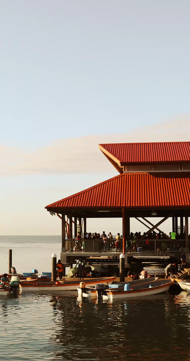 Boats on dock beside oceanside Papua New Guinea market