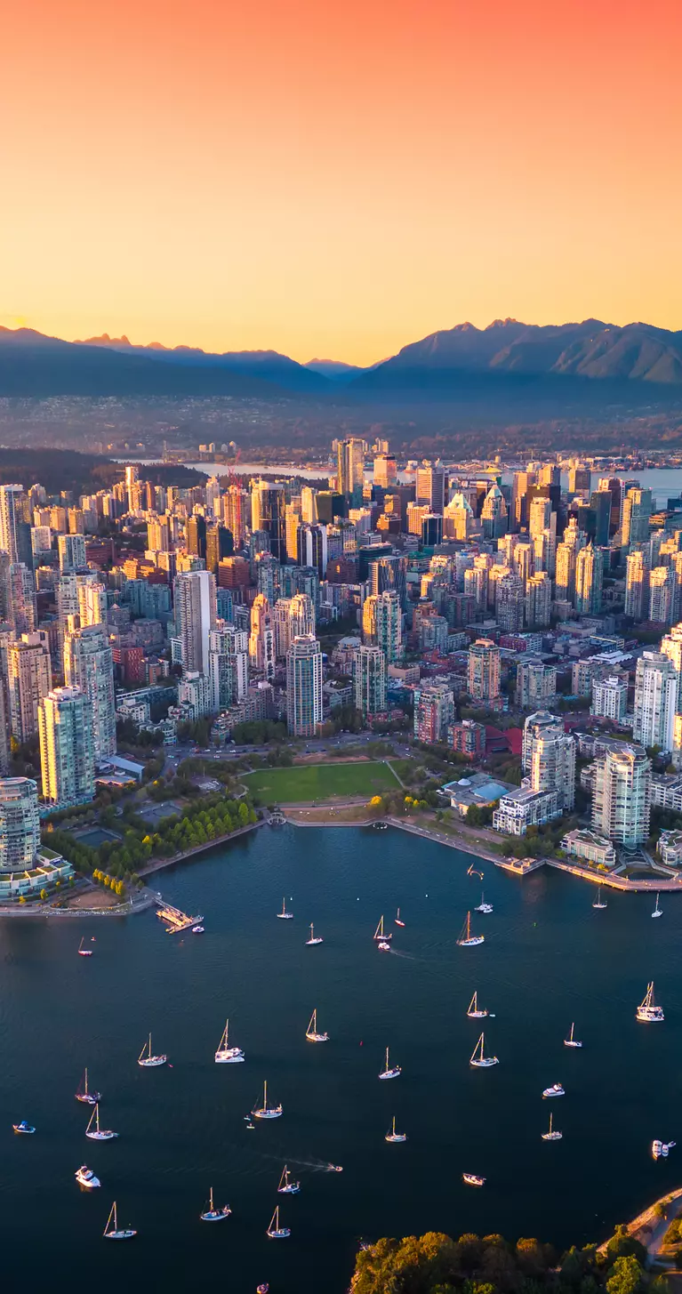 Beautiful aerial view of downtown at sunset