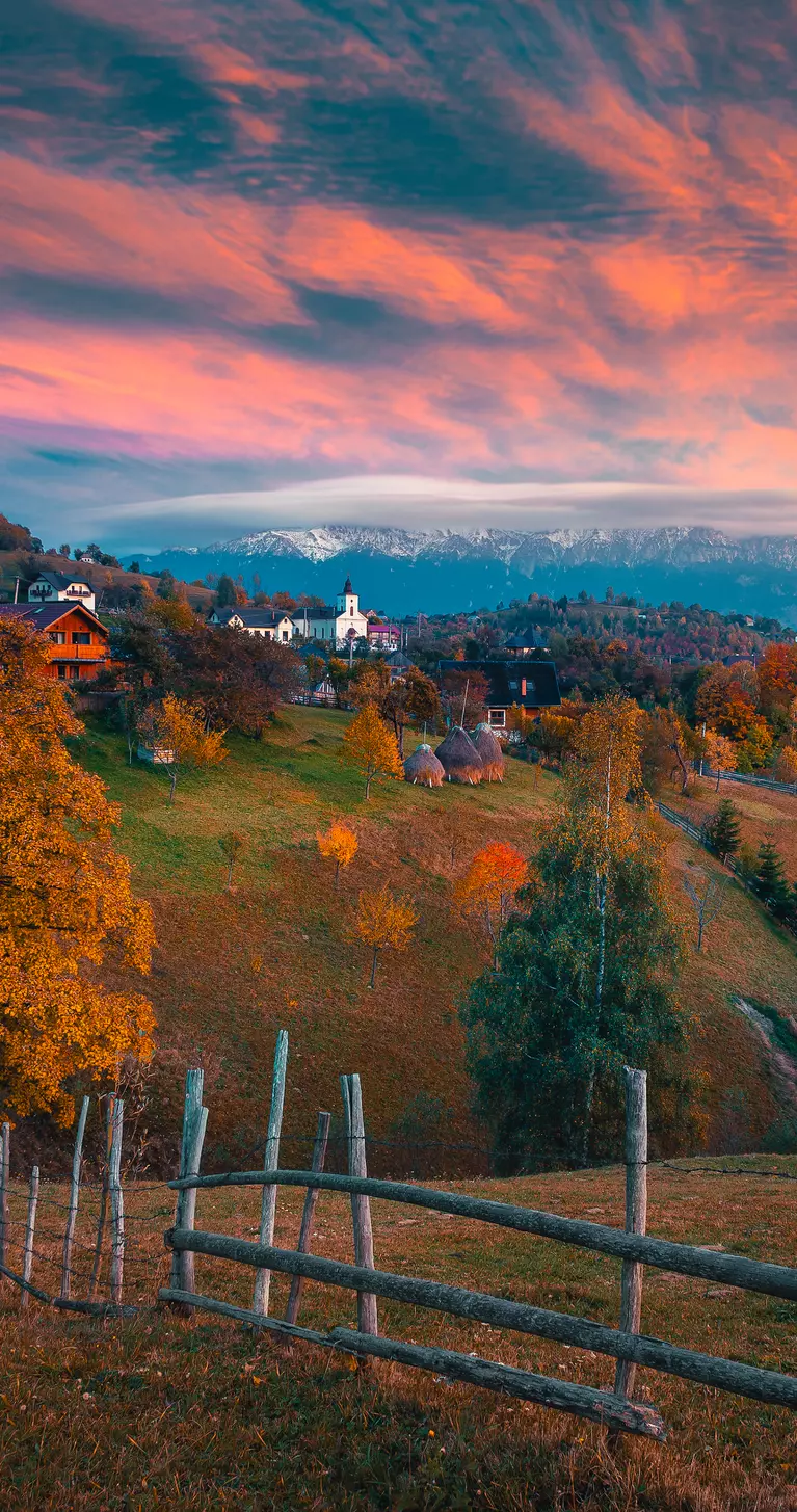 Spectacular autumn rural scenery at sunset, Magura mountain village in the Carpathians, Romania