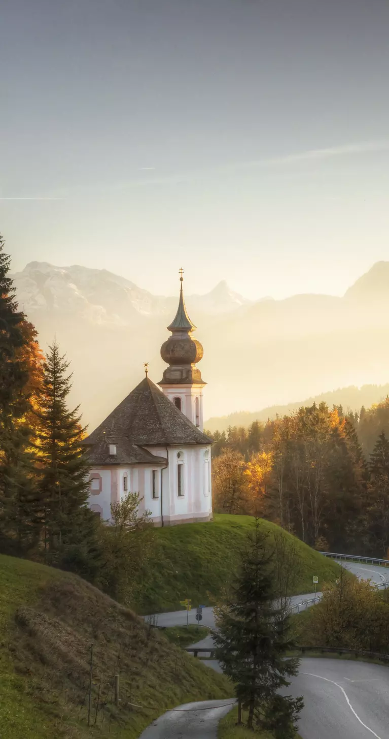 The church of Maria Gern nestled into a hillside in the Bavarian Alps and located just outside of Berchtesgaden.