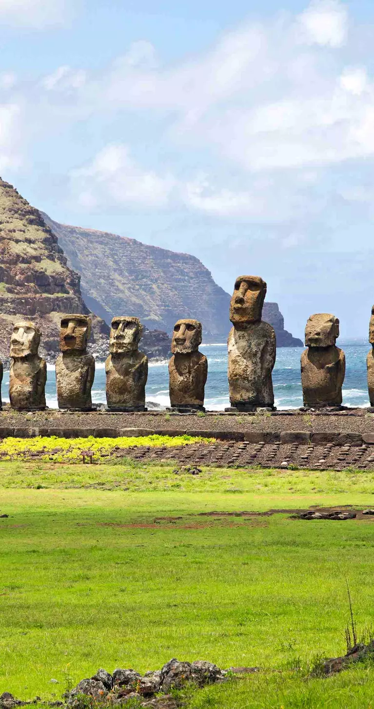 The moais stone platform of Ahu Tongariki on the south coast of Easter Island