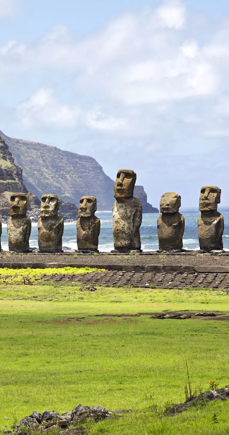 The moais stone platform of Ahu Tongariki on the south coast of Easter Island
