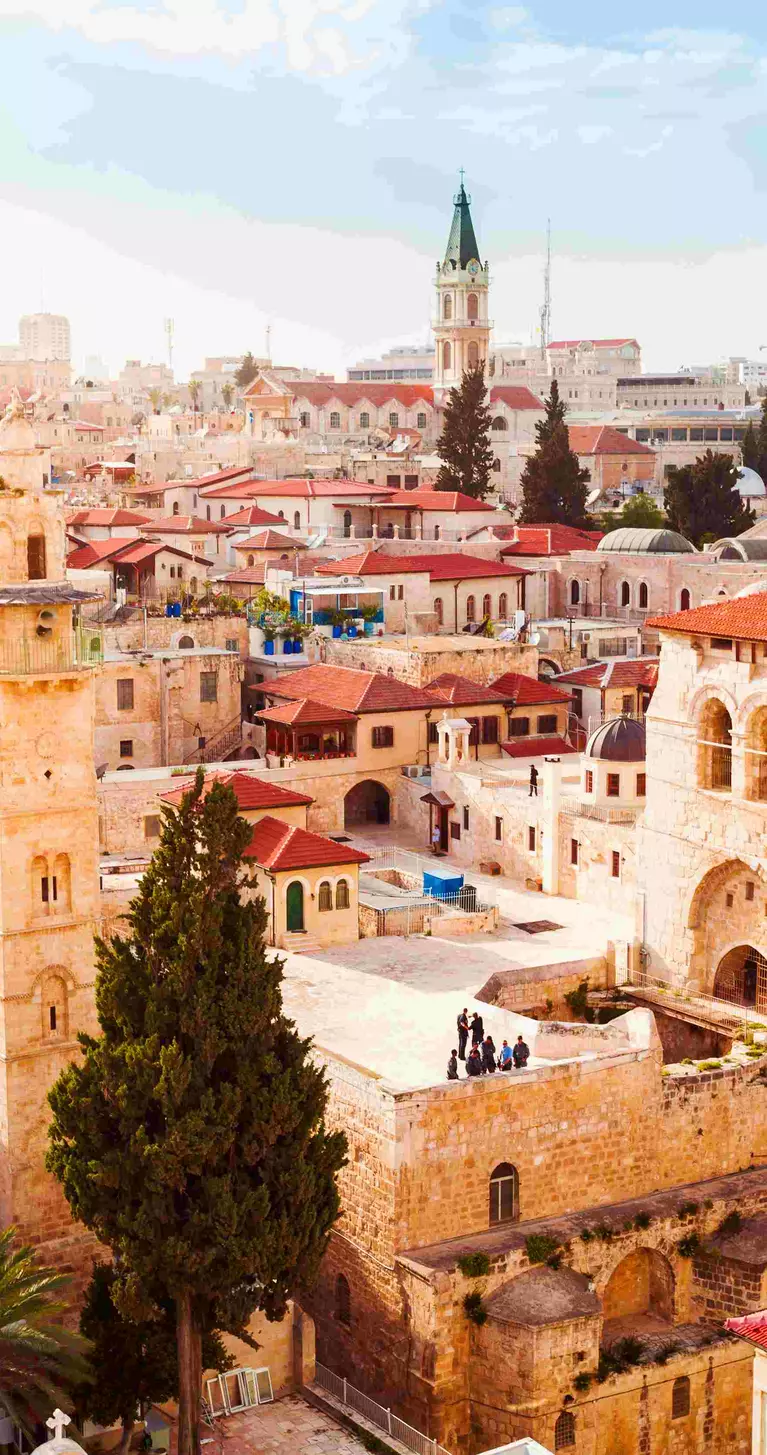 Aerial view of the Old City of Jerusalem with view of the Church of the Holy Sepulchre, Israel.