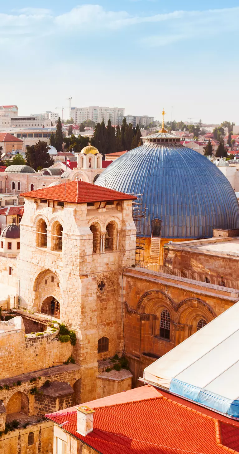 Aerial view of the Old City of Jerusalem with view of the Church of the Holy Sepulchre, Israel.