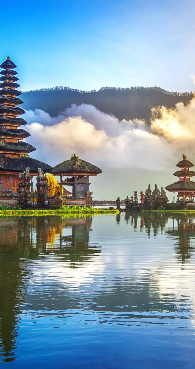 Pura Ulun Danu Beratan temple in Bali, Indonesia, on the shores of Lake Bratan in the mountains near Bedugul