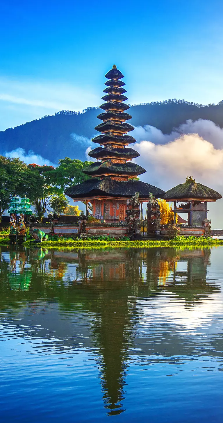 Pura Ulun Danu Beratan temple in Bali, Indonesia, on the shores of Lake Bratan in the mountains near Bedugul