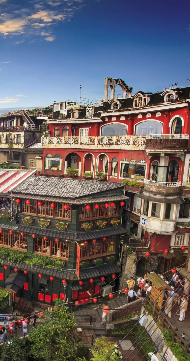 Evening view of hillside tea houses Jioufen village