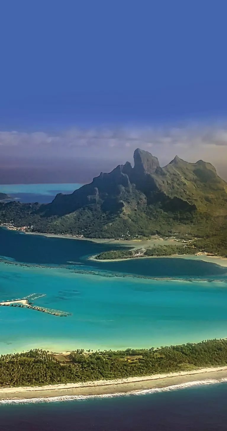High angle view of beautiful Bora Bora island, in the French Polynesian islands