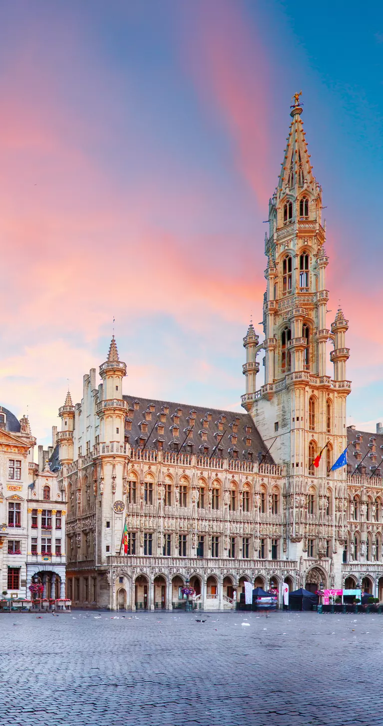 Bright and colorful sky just before sunset atop the Grand place, in Brussels, Belgium