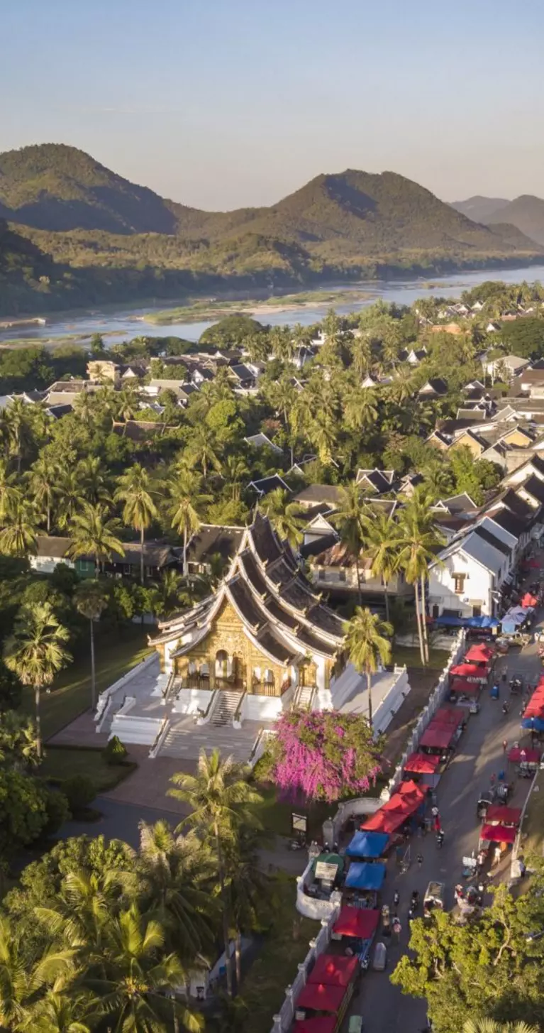 Aerial view of Luang Prabang along the Mekong River, an UNESCO World Heritage city in Laos