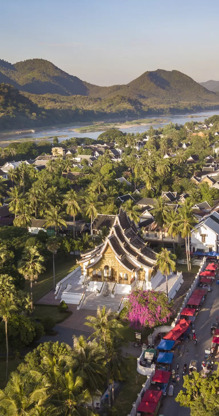 Aerial view of Luang Prabang along the Mekong River, an UNESCO World Heritage city in Laos