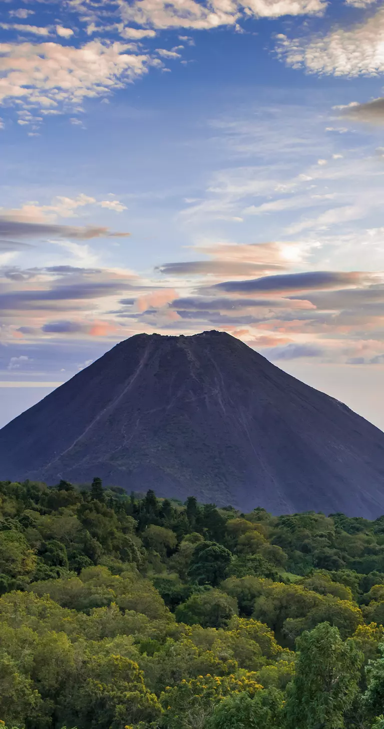 Izalco volcano rises up from the forest in El Salvador