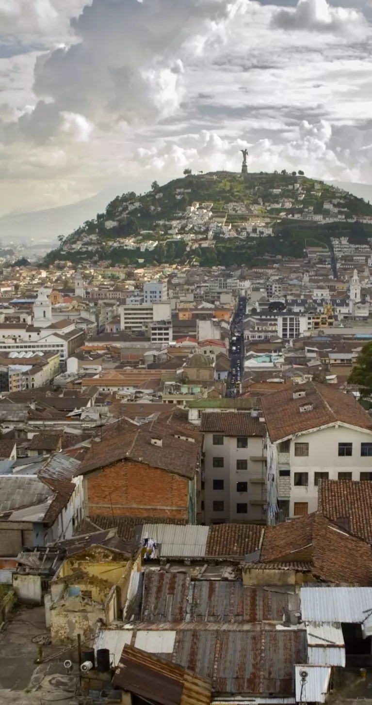 Skyline view of Quito, capital of Ecuador. It is situated on the lower slopes of the volcano Pichincha.