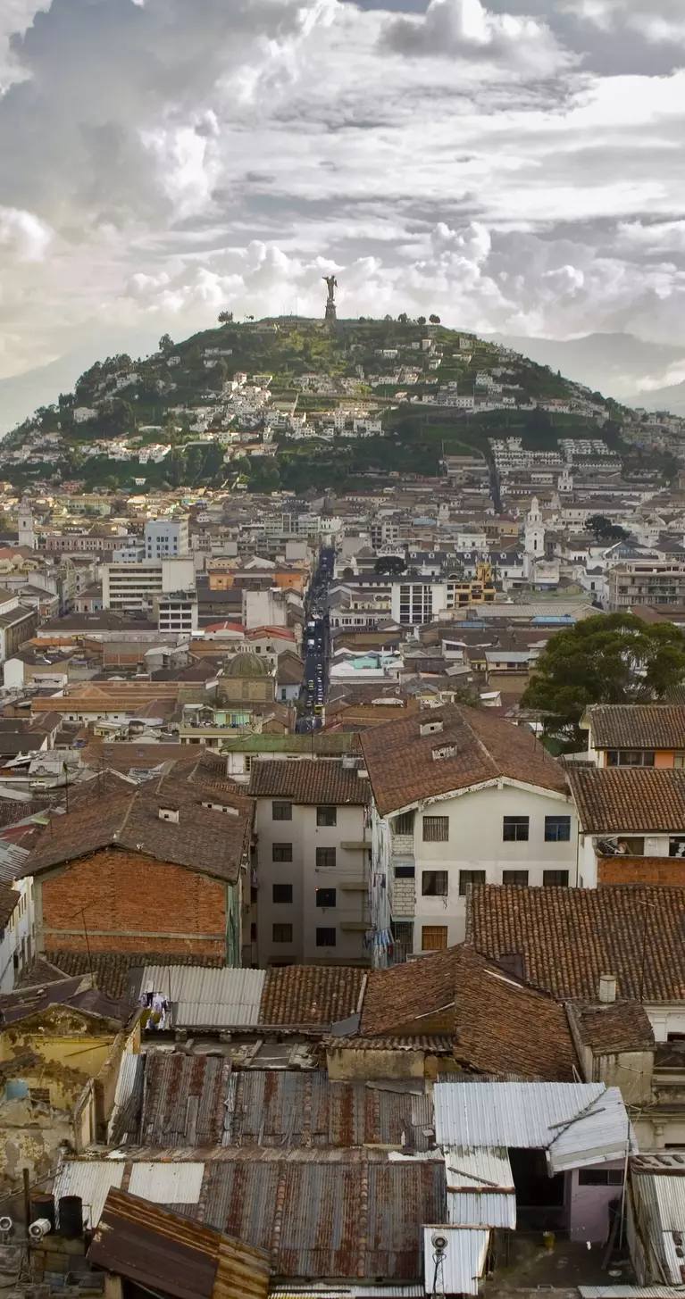 Skyline view of Quito, capital of Ecuador. It is situated on the lower slopes of the volcano Pichincha.